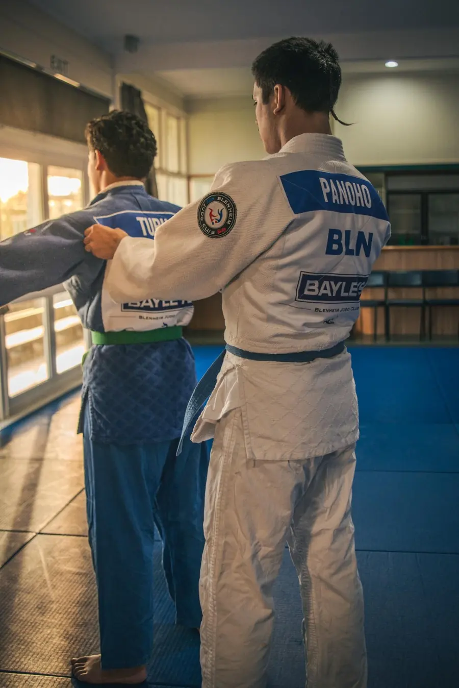 Two Blenheim Judo Club members practising grips